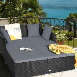 Tangkula Patio Rattan Daybed, Patiojoy Outdoor Sunbed with Spacious Seat (Grey)