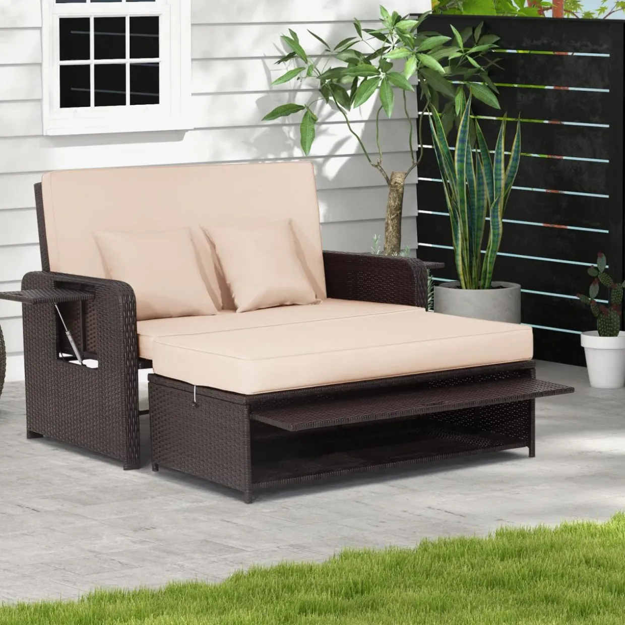 Tangkula Patio Rattan Daybed, Patiojoy Wicker Loveseat Sofa with 4-Postion Adjustable Backrest, Storage Ottoman, Cushions