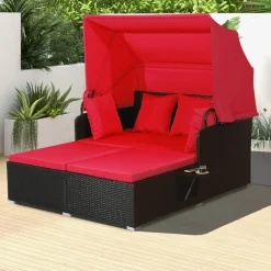 Tangkula Patio Rattan Daybed, Patiojoy Wicker Daybed Loungerw/Retractable Canopy, 2 Foldable Side Panels