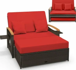 Tangkula Patio Rattan Daybed Set with Cushioned Loveseat and Storage Ottoman