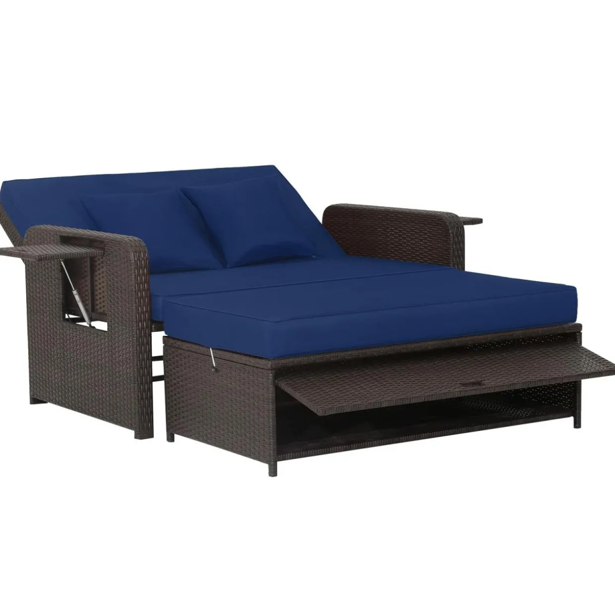 Tangkula Patio Rattan Daybed, Patiojoy Wicker Loveseat Sofa with 4-Postion Adjustable Backrest, Storage Ottoman, Cushions