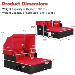 Tangkula Patio Rattan Daybed, Patiojoy Wicker Daybed Loungerw/Retractable Canopy, 2 Foldable Side Panels