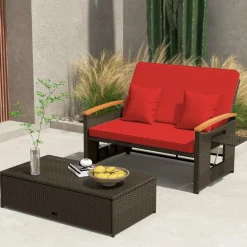 Tangkula Patio Rattan Daybed Set with Cushioned Loveseat and Storage Ottoman