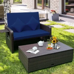 Tangkula Patio Rattan Daybed, Patiojoy Wicker Loveseat Sofa with 4-Postion Adjustable Backrest, Storage Ottoman, Cushions