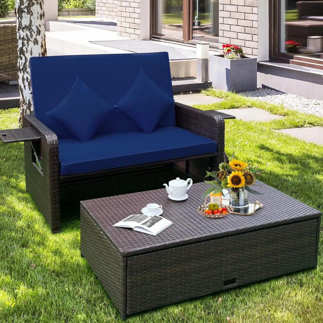 Tangkula Patio Rattan Daybed, Patiojoy Wicker Loveseat Sofa with 4-Postion Adjustable Backrest, Storage Ottoman, Cushions
