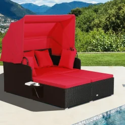 Tangkula Patio Rattan Daybed, Patiojoy Wicker Daybed Loungerw/Retractable Canopy, 2 Foldable Side Panels