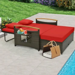 Tangkula Patio Rattan Daybed Set with Cushioned Loveseat and Storage Ottoman