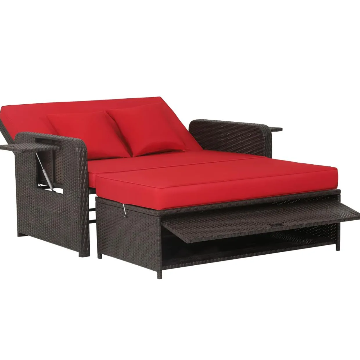 Tangkula Patio Rattan Daybed, Patiojoy Wicker Loveseat Sofa with 4-Postion Adjustable Backrest, Storage Ottoman, Cushions