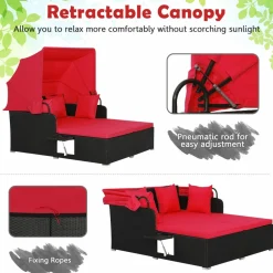 Tangkula Patio Rattan Daybed, Patiojoy Wicker Daybed Loungerw/Retractable Canopy, 2 Foldable Side Panels