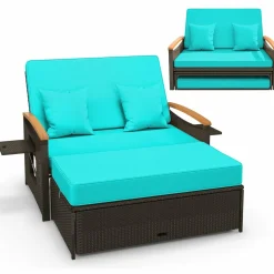 Tangkula Patio Rattan Daybed Set with Cushioned Loveseat and Storage Ottoman