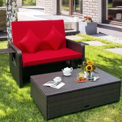 Tangkula Patio Rattan Daybed, Patiojoy Wicker Loveseat Sofa with 4-Postion Adjustable Backrest, Storage Ottoman, Cushions