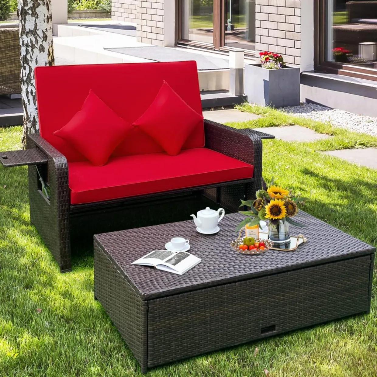 Tangkula Patio Rattan Daybed, Patiojoy Wicker Loveseat Sofa with 4-Postion Adjustable Backrest, Storage Ottoman, Cushions