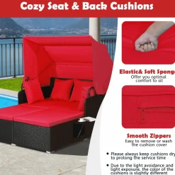 Tangkula Patio Rattan Daybed, Patiojoy Wicker Daybed Loungerw/Retractable Canopy, 2 Foldable Side Panels