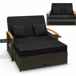 Tangkula Patio Rattan Daybed Set with Cushioned Loveseat and Storage Ottoman