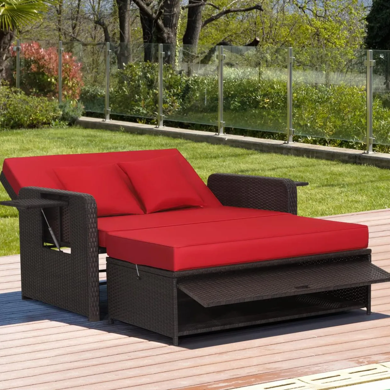 Tangkula Patio Rattan Daybed, Patiojoy Wicker Loveseat Sofa with 4-Postion Adjustable Backrest, Storage Ottoman, Cushions