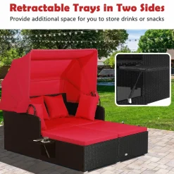 Tangkula Patio Rattan Daybed, Patiojoy Wicker Daybed Loungerw/Retractable Canopy, 2 Foldable Side Panels