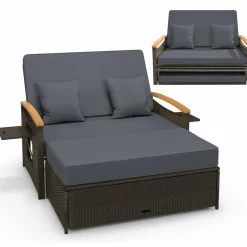 Tangkula Patio Rattan Daybed Set with Cushioned Loveseat and Storage Ottoman