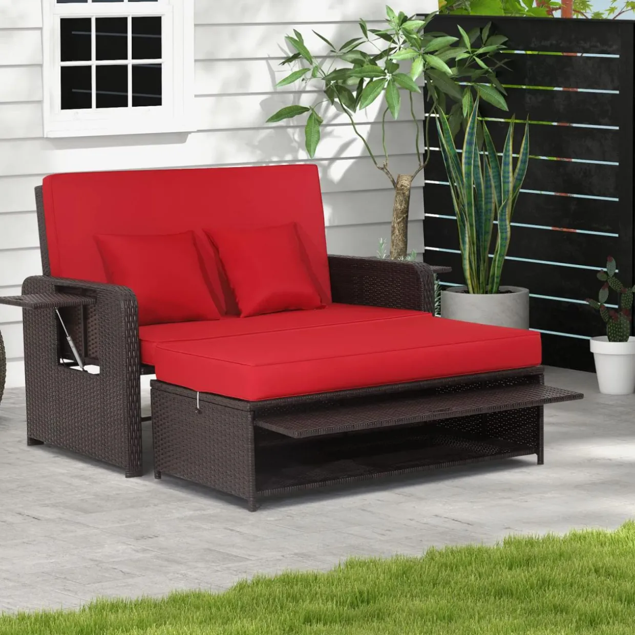 Tangkula Patio Rattan Daybed, Patiojoy Wicker Loveseat Sofa with 4-Postion Adjustable Backrest, Storage Ottoman, Cushions