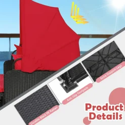 Tangkula Patio Rattan Daybed, Patiojoy Wicker Daybed Loungerw/Retractable Canopy, 2 Foldable Side Panels