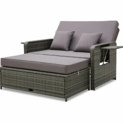 Tangkula Patio Rattan Daybed, Patiojoy Wicker Loveseat Sofa with 4-Postion Adjustable Backrest, Storage Ottoman, Cushions