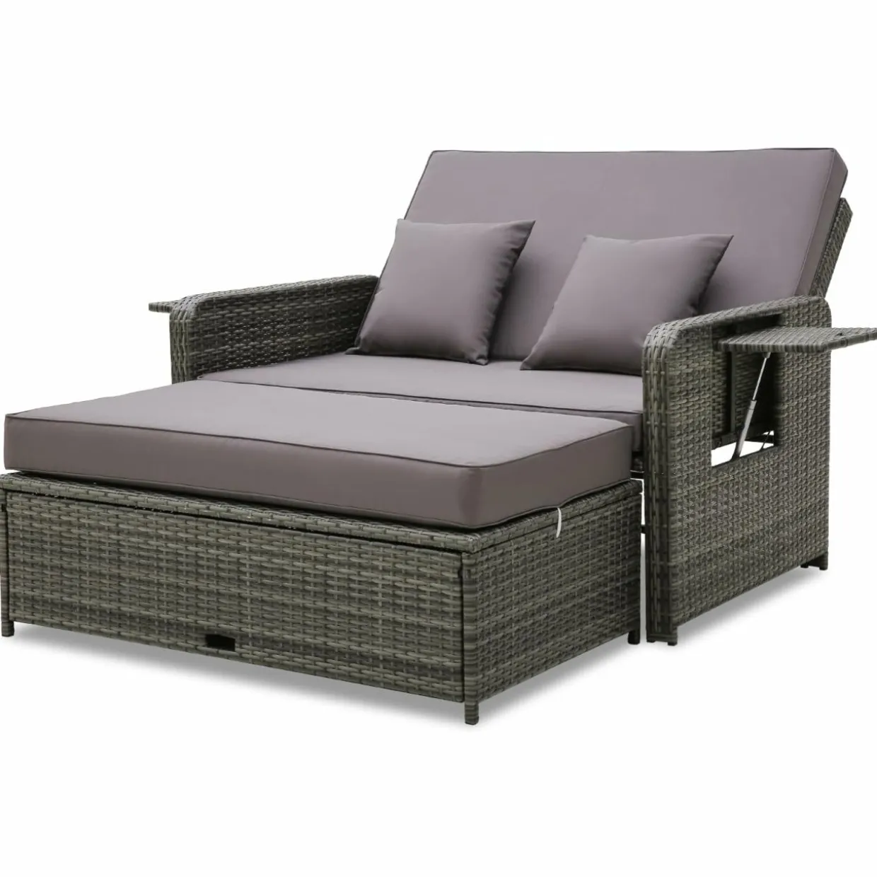 Tangkula Patio Rattan Daybed, Patiojoy Wicker Loveseat Sofa with 4-Postion Adjustable Backrest, Storage Ottoman, Cushions