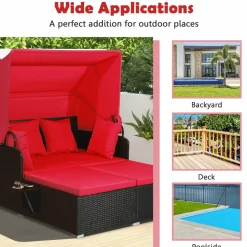 Tangkula Patio Rattan Daybed, Patiojoy Wicker Daybed Loungerw/Retractable Canopy, 2 Foldable Side Panels
