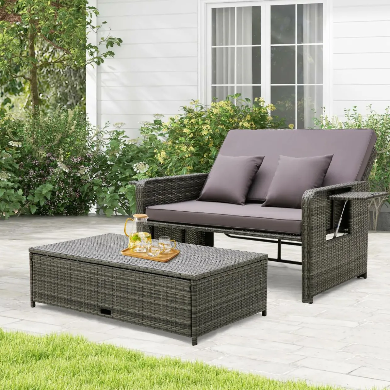 Tangkula Patio Rattan Daybed, Patiojoy Wicker Loveseat Sofa with 4-Postion Adjustable Backrest, Storage Ottoman, Cushions