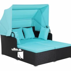 Tangkula Patio Rattan Daybed, Patiojoy Wicker Daybed Loungerw/Retractable Canopy, 2 Foldable Side Panels