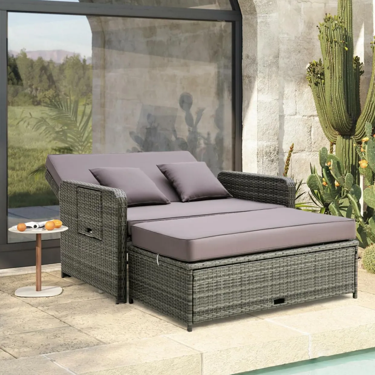 Tangkula Patio Rattan Daybed, Patiojoy Wicker Loveseat Sofa with 4-Postion Adjustable Backrest, Storage Ottoman, Cushions