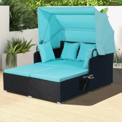 Tangkula Patio Rattan Daybed, Patiojoy Wicker Daybed Loungerw/Retractable Canopy, 2 Foldable Side Panels