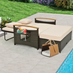 Tangkula Patio Rattan Daybed Set with Cushioned Loveseat and Storage Ottoman
