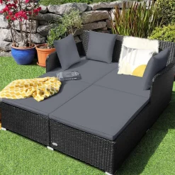 Tangkula Patio Rattan Daybed, Patiojoy Outdoor Sunbed with Spacious Seat (Grey)