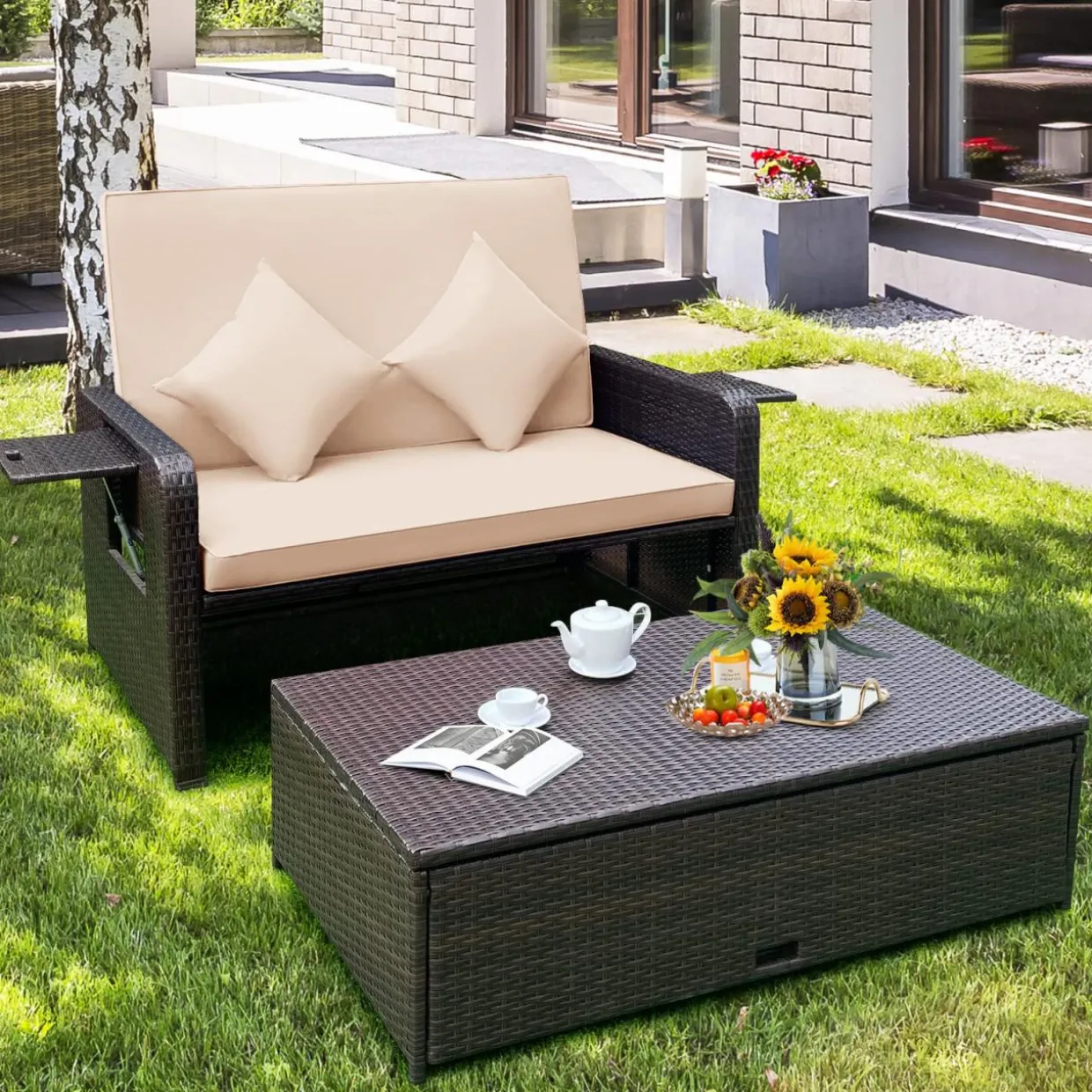 Tangkula Patio Rattan Daybed, Patiojoy Wicker Loveseat Sofa with 4-Postion Adjustable Backrest, Storage Ottoman, Cushions
