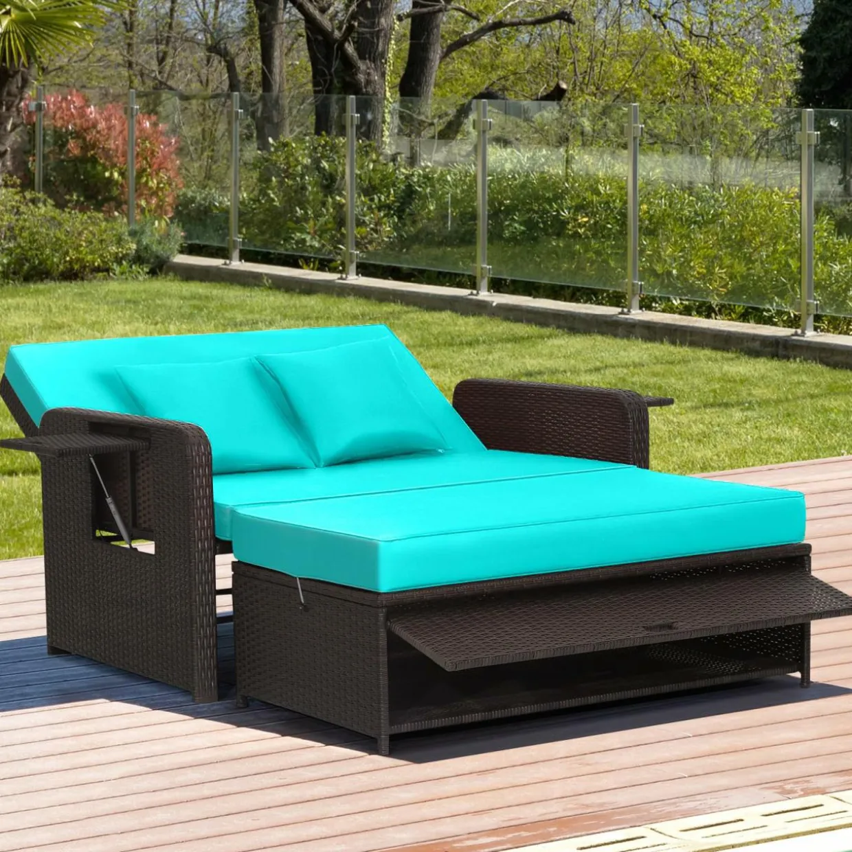 Tangkula Patio Rattan Daybed, Patiojoy Wicker Loveseat Sofa with 4-Postion Adjustable Backrest, Storage Ottoman, Cushions