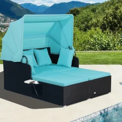 Tangkula Patio Rattan Daybed, Patiojoy Wicker Daybed Loungerw/Retractable Canopy, 2 Foldable Side Panels