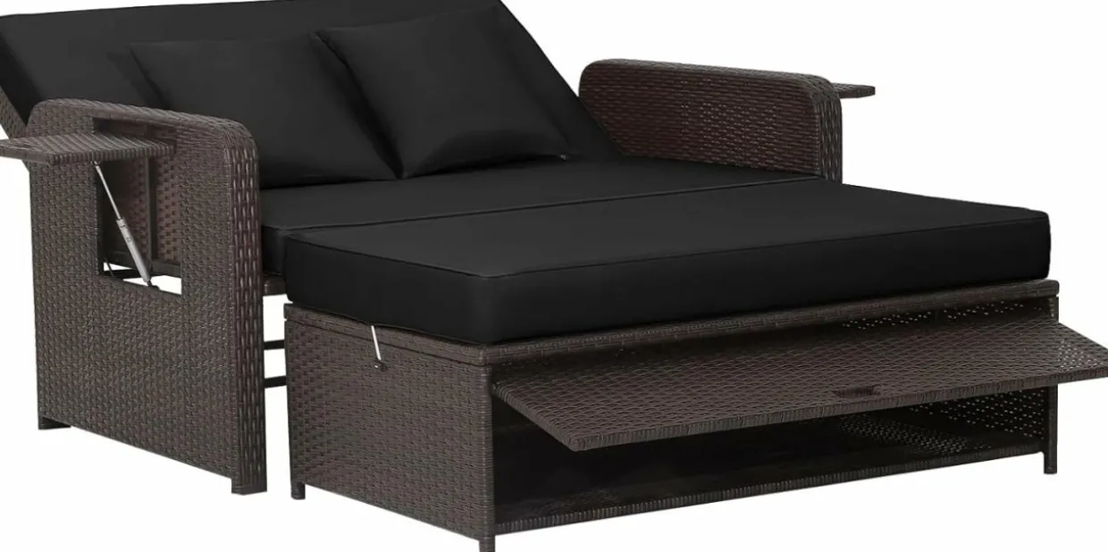 Tangkula Patio Rattan Daybed, Patiojoy Wicker Loveseat Sofa with 4-Postion Adjustable Backrest, Storage Ottoman, Cushions
