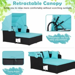 Tangkula Patio Rattan Daybed, Patiojoy Wicker Daybed Loungerw/Retractable Canopy, 2 Foldable Side Panels