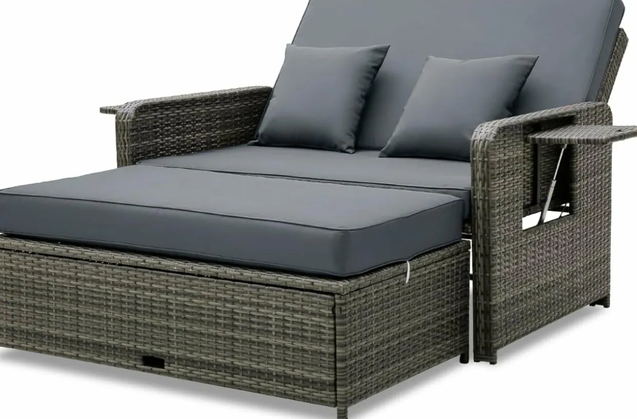 Tangkula Patio Rattan Daybed, Patiojoy Wicker Loveseat Sofa with 4-Postion Adjustable Backrest, Storage Ottoman, Cushions