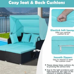 Tangkula Patio Rattan Daybed, Patiojoy Wicker Daybed Loungerw/Retractable Canopy, 2 Foldable Side Panels