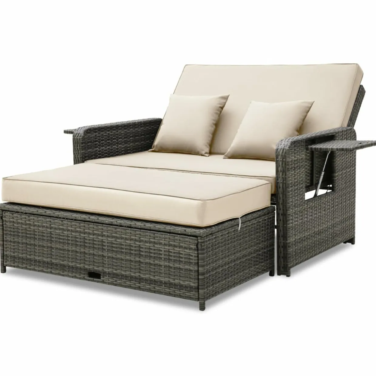 Tangkula Patio Rattan Daybed, Patiojoy Wicker Loveseat Sofa with 4-Postion Adjustable Backrest, Storage Ottoman, Cushions