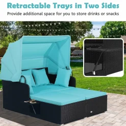 Tangkula Patio Rattan Daybed, Patiojoy Wicker Daybed Loungerw/Retractable Canopy, 2 Foldable Side Panels