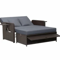 Tangkula Patio Rattan Daybed, Patiojoy Wicker Loveseat Sofa with 4-Postion Adjustable Backrest, Storage Ottoman, Cushions