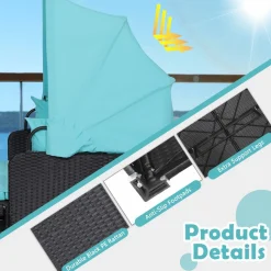 Tangkula Patio Rattan Daybed, Patiojoy Wicker Daybed Loungerw/Retractable Canopy, 2 Foldable Side Panels