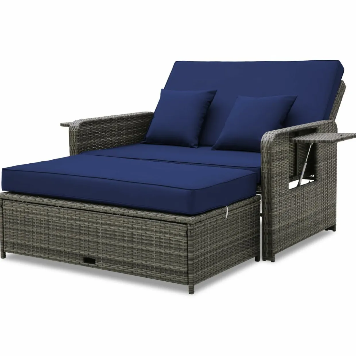 Tangkula Patio Rattan Daybed, Patiojoy Wicker Loveseat Sofa with 4-Postion Adjustable Backrest, Storage Ottoman, Cushions