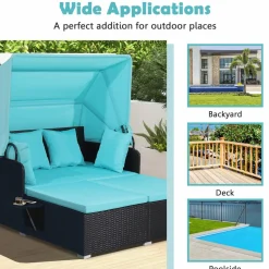 Tangkula Patio Rattan Daybed, Patiojoy Wicker Daybed Loungerw/Retractable Canopy, 2 Foldable Side Panels