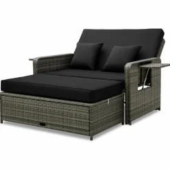 Tangkula Patio Rattan Daybed, Patiojoy Wicker Loveseat Sofa with 4-Postion Adjustable Backrest, Storage Ottoman, Cushions