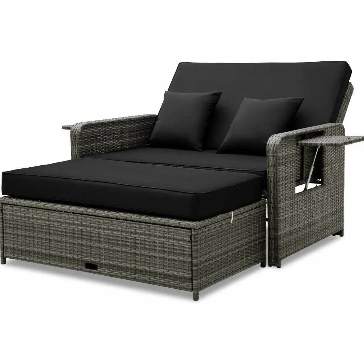 Tangkula Patio Rattan Daybed, Patiojoy Wicker Loveseat Sofa with 4-Postion Adjustable Backrest, Storage Ottoman, Cushions