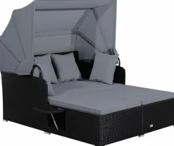 Tangkula Patio Rattan Daybed, Patiojoy Wicker Daybed Loungerw/Retractable Canopy, 2 Foldable Side Panels