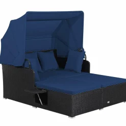 Tangkula Patio Rattan Daybed, Patiojoy Wicker Daybed Loungerw/Retractable Canopy, 2 Foldable Side Panels