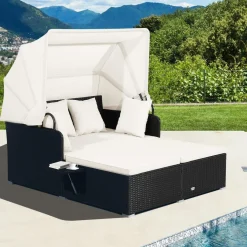 Tangkula Patio Rattan Daybed, Patiojoy Wicker Daybed Loungerw/Retractable Canopy, 2 Foldable Side Panels